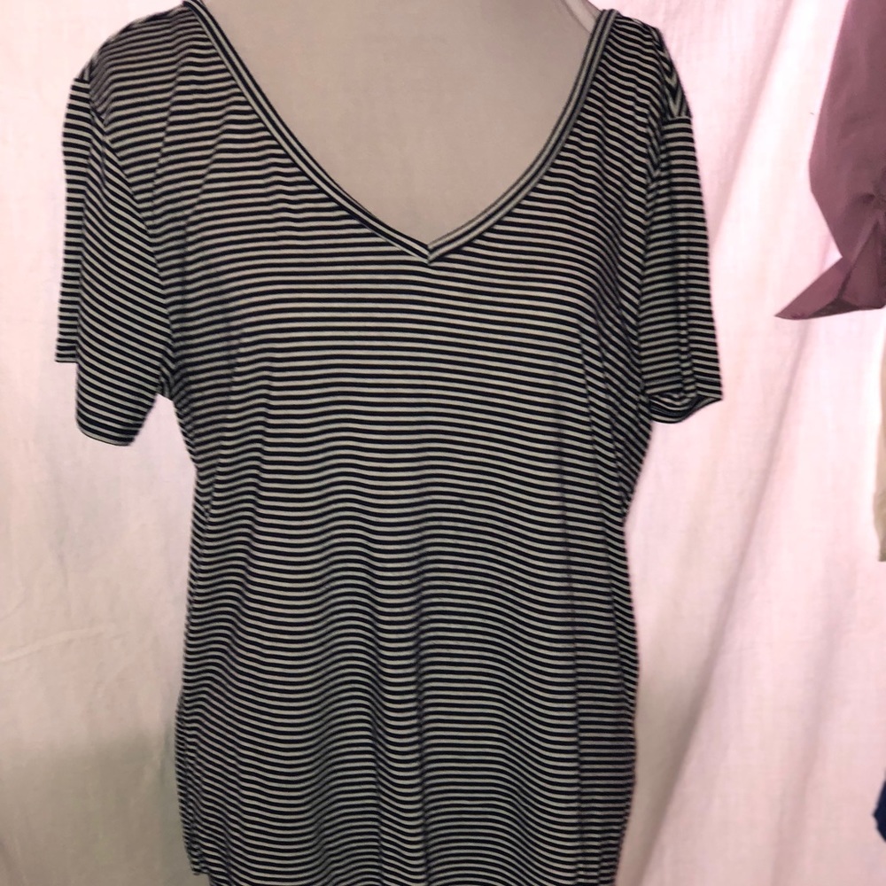 Navy blue and white striped double v-neck